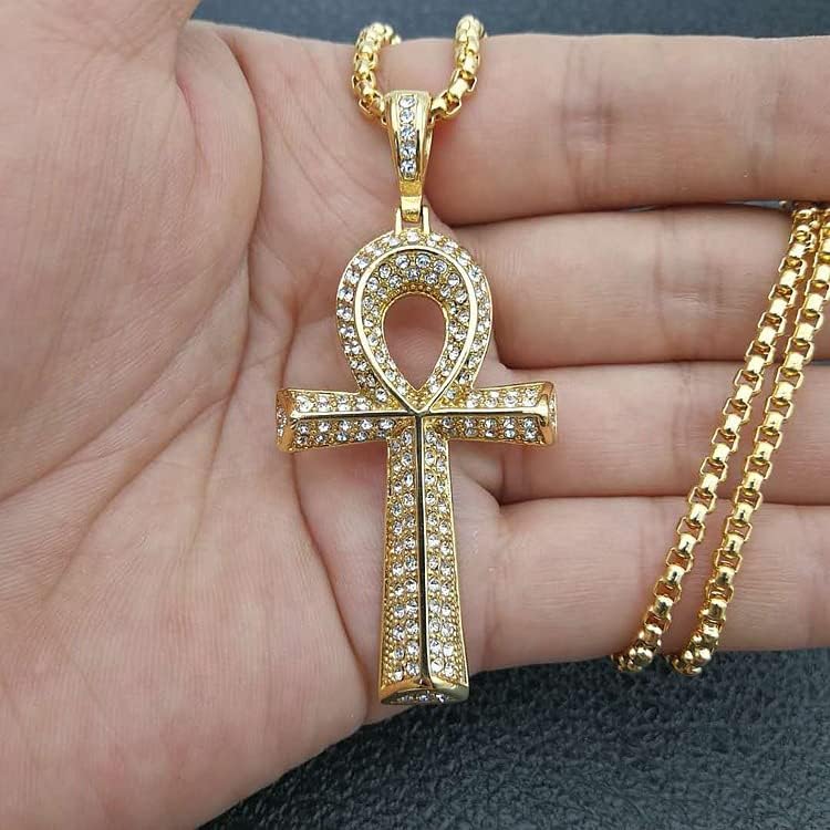 Mens Stainless Steel Gold & Silver Egyptian CZ Hip Hop Ankh Cross Pendant Necklace