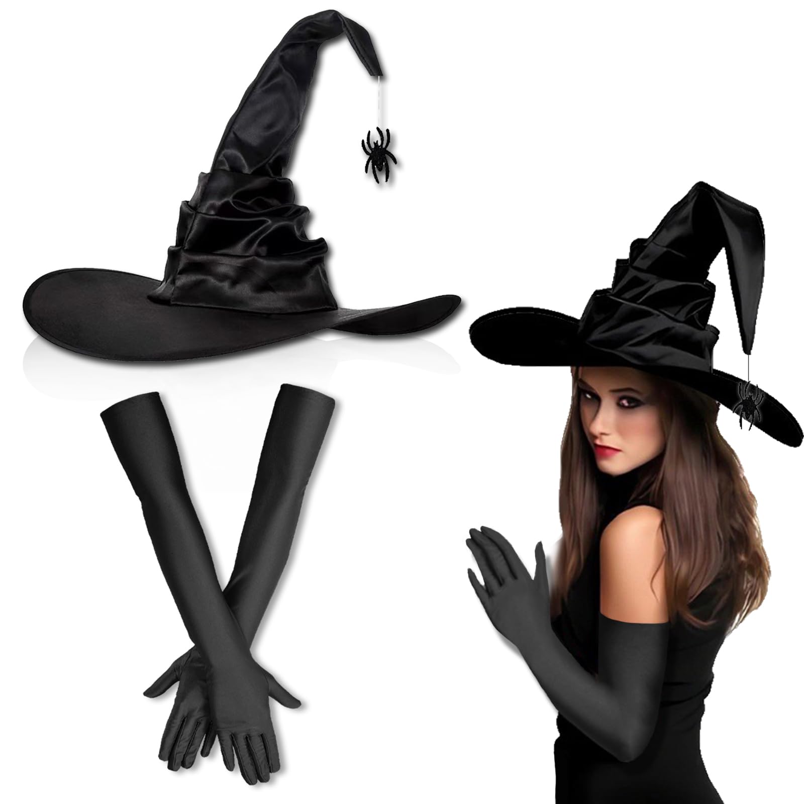 Eymobad Halloween Witch Hat and Long Gloves Set, Halloween Witch Outfit, H-alloween Vampire Witch Set, Carnival Witch Fancy Dress Theme Party Costume Accessories, Masquerade, Christmas