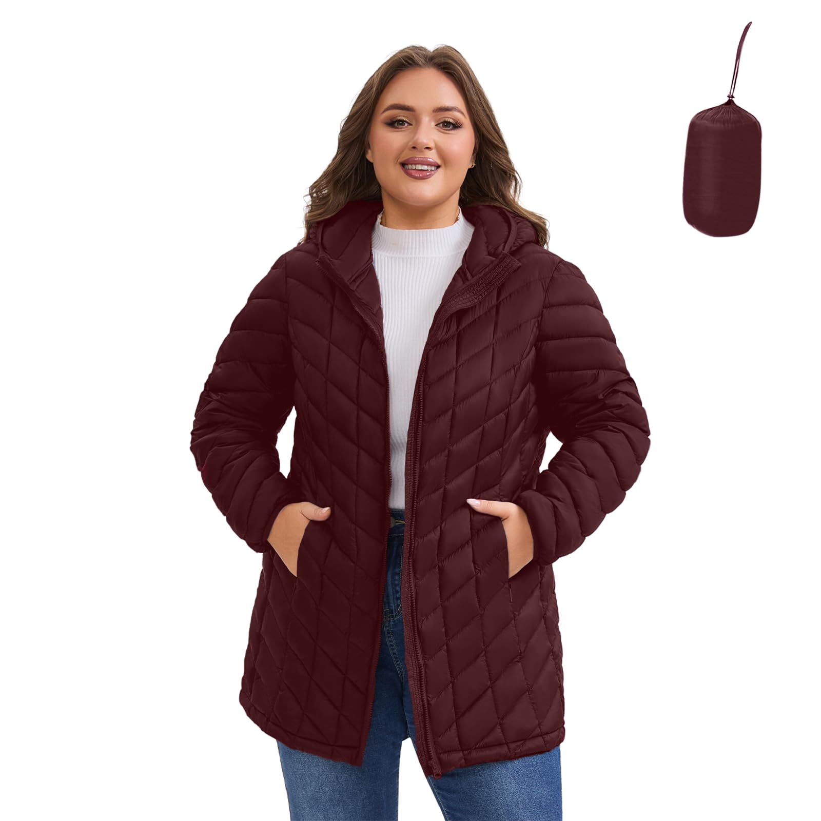 Poemdora Women's Wine Plus Size Packable Puffer Jacket Lightweight Hooded Water Resistant Winter Puffy Coat (,4X)