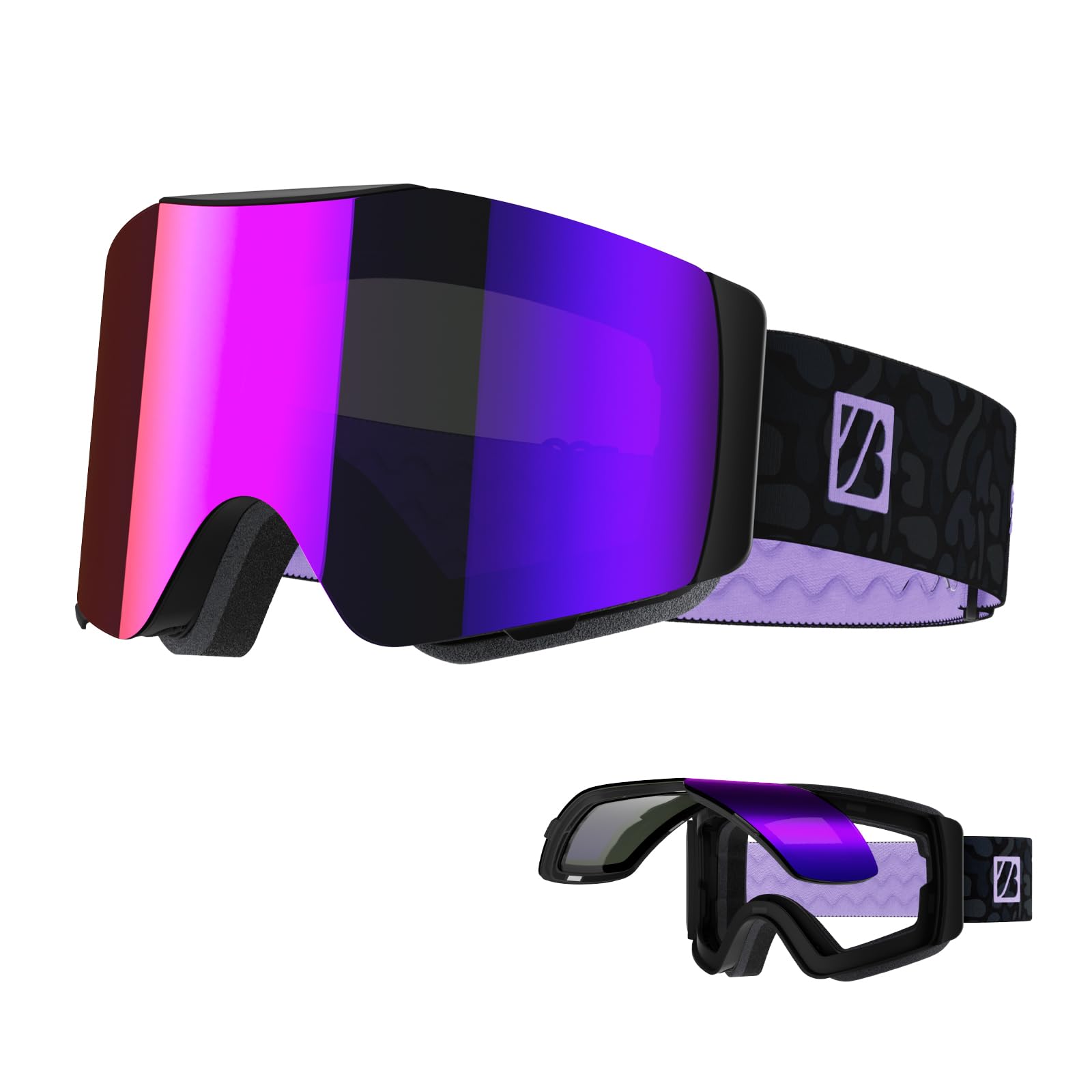 JUBAO Gafas de esquí abatibles para hombres y mujeres, antivaho, magnéticas, OTG, para nieve, snowboard, para desempañamiento instantáneo, protección UV400