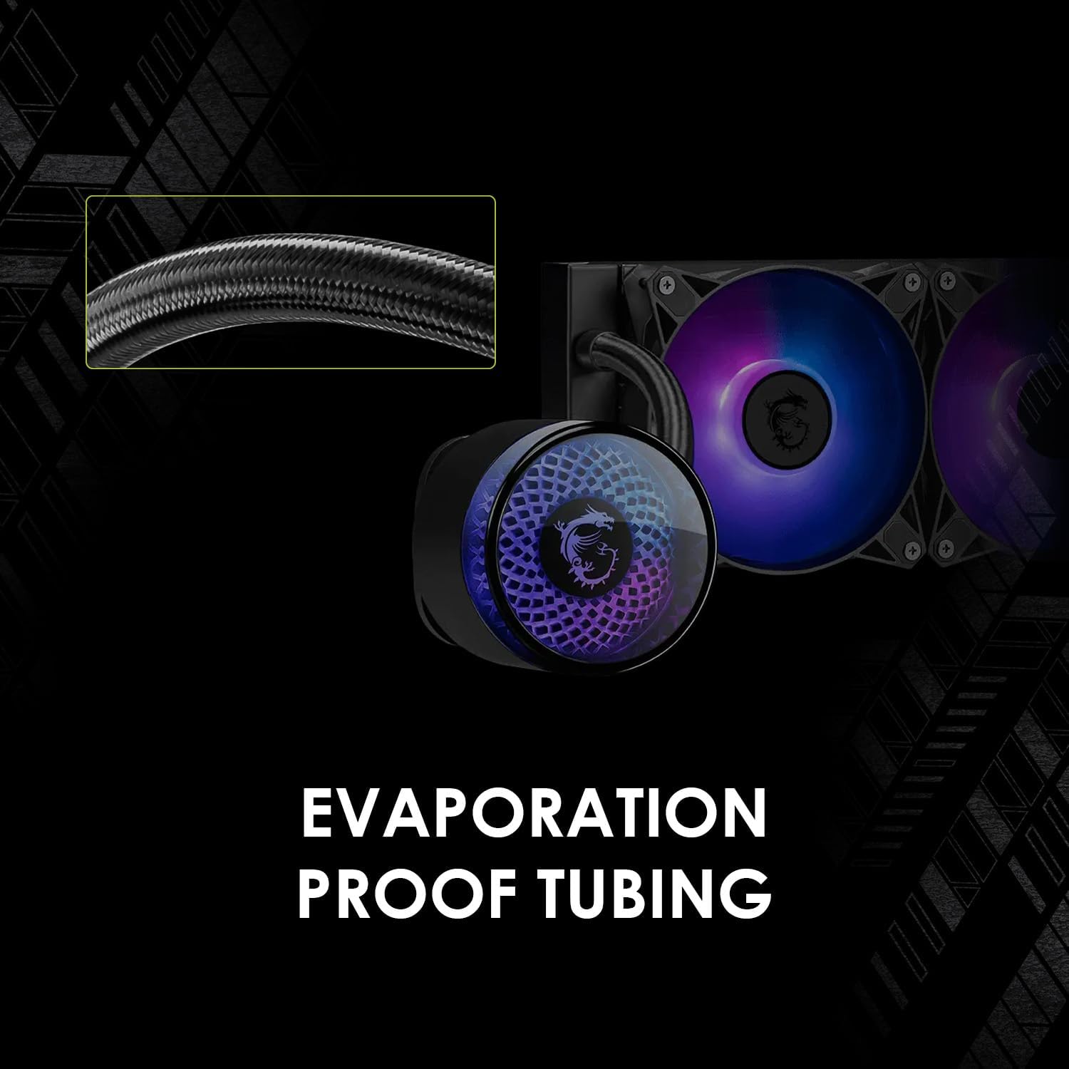 Close-up of the evaporation-proof tubing on the MSI liquid cooler.