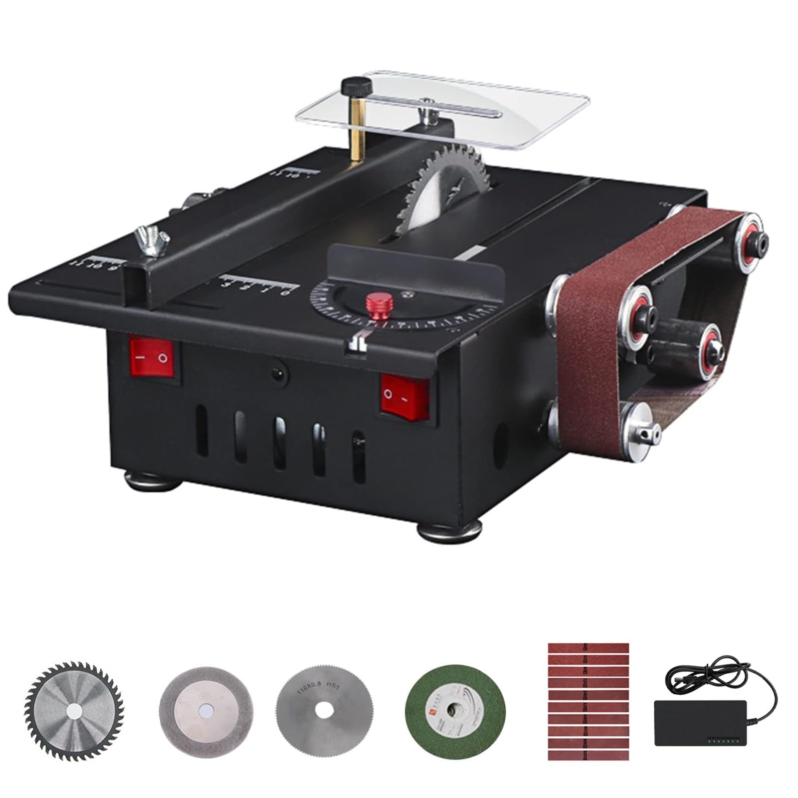 Zestaw mini piły stołowej i szlifierki taśmowej 600 W, łącznie z 10 taśmami szlifierskimi i 4 ostrzami tnącymi, maksymalna głębokość cięcia 30 mm, cięcie drewna, kamienia, bambusa i tworzyw sztucznych