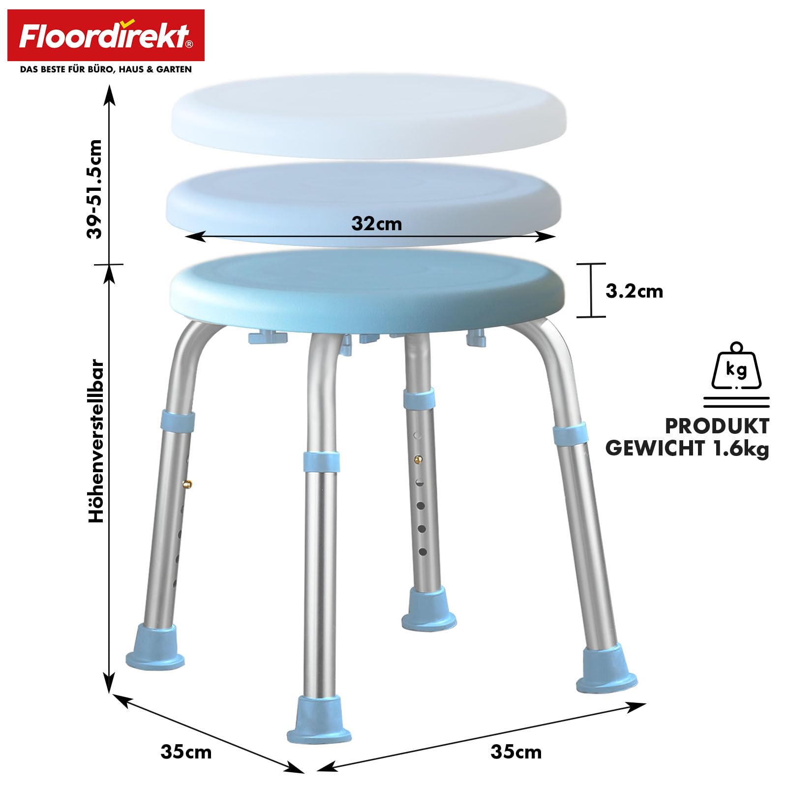 Floordirekt Pedro taboret prysznicowy – krzesło prysznicowe obracane o 360°, obciążenie do 150 kg, regulacja wysokości, z antypoślizgowymi gumowymi nóżkami dla bezpiecznego trzymania – taboret