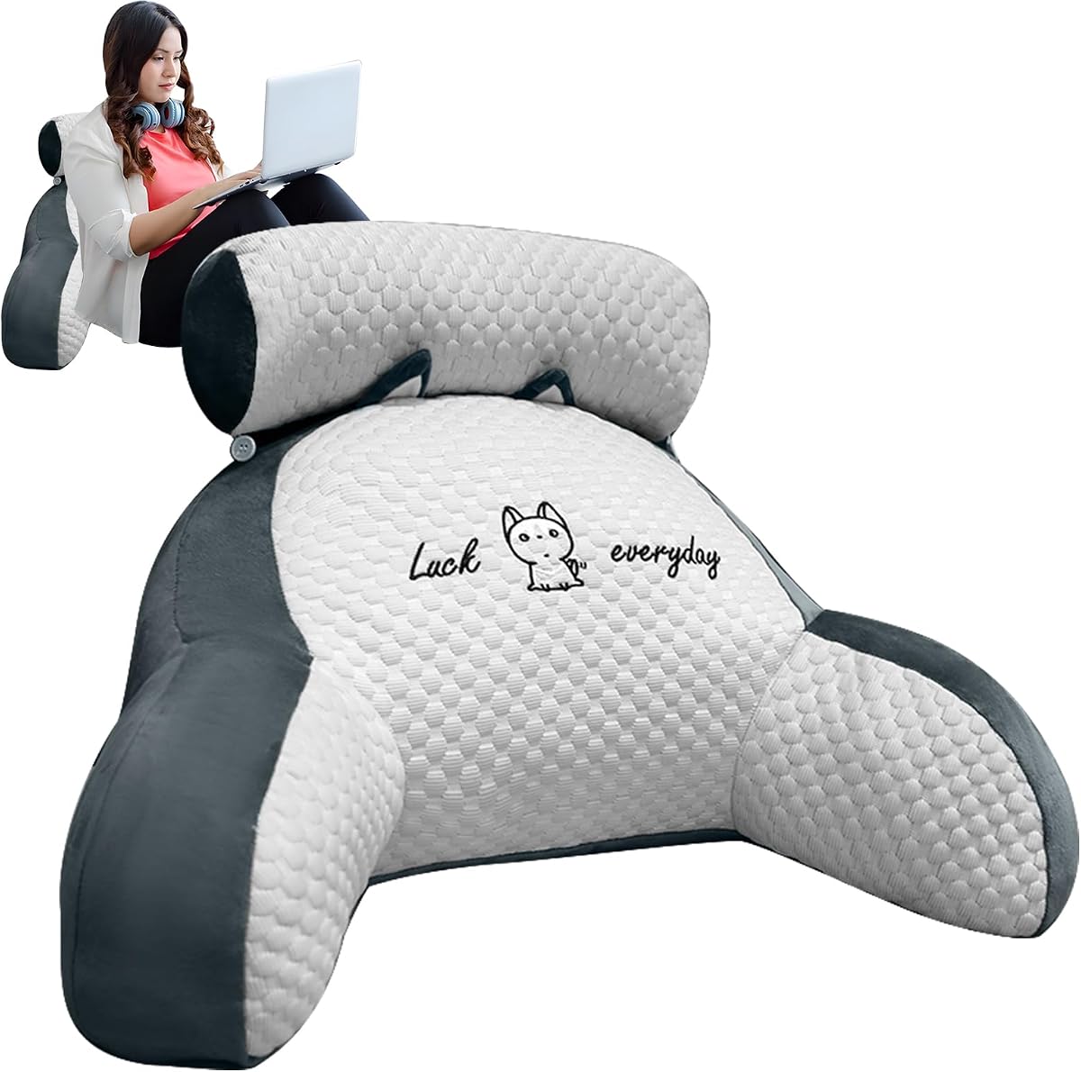 Suewidfay Reading Pillow for Bed Adult, 70×50×25cm Extra Large 2 In 1 Reading Pillow with Neck Arm Back Support, Cuddle Cushion Backrest Rest Pillow (Light Grey, XL)