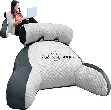 Suewidfay Reading Pillow for Bed Adult, 70 50 25cm Extra Large 2 In 1 Reading Pillow with Neck Arm Back Support, Cuddle Cushion Backrest Rest Pillow Light Grey, XL