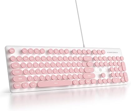Wired Quiet Membrane Keyboard Full Size 104 Keys Retro Punk Typewriter White LED Backlight USB Ultra Slim Gaming Keyboard with ABS Round Key Cap for Windows PC Laptop Pink