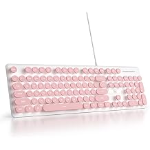 Wired Quiet Membrane Keyboard Full Size 104 Keys Retro Punk Typewriter White LED Backlight USB Ultra Slim Gaming Keyboard with ABS Round Key Cap for Windows PC Laptop Pink