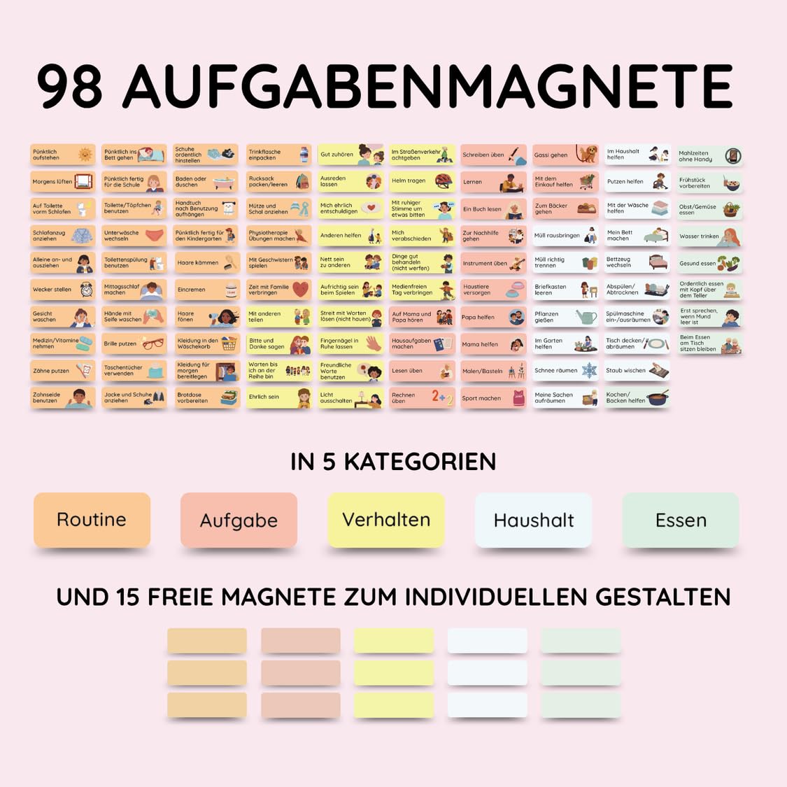 Rabano Belohnungstafel für Kinder – [400 Magnete + über 100 Aufgaben] - Belohnungssystem - Routine Planer & Wochenplaner Kinder, Haushaltsplan (Einhorn)