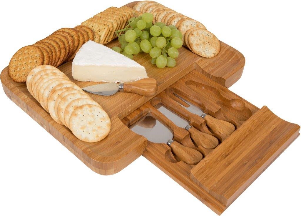 Trademark Innovations Bamboo Cheese Serving Tray with Hide-Away Utensil Set (13.5" x 11.5")