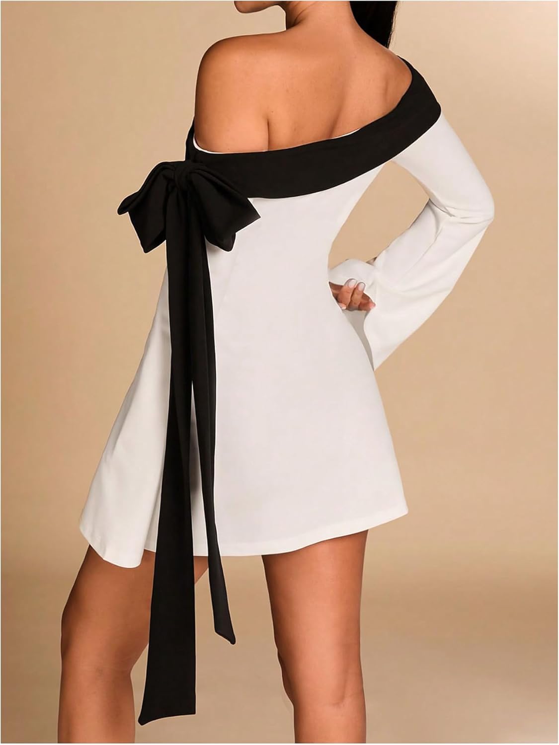 MakeMeChic Women's Off The Shoulder Bell Sleeve Mini Dress Bowknot Cocktail Party Bodycon Dresses - Image 2