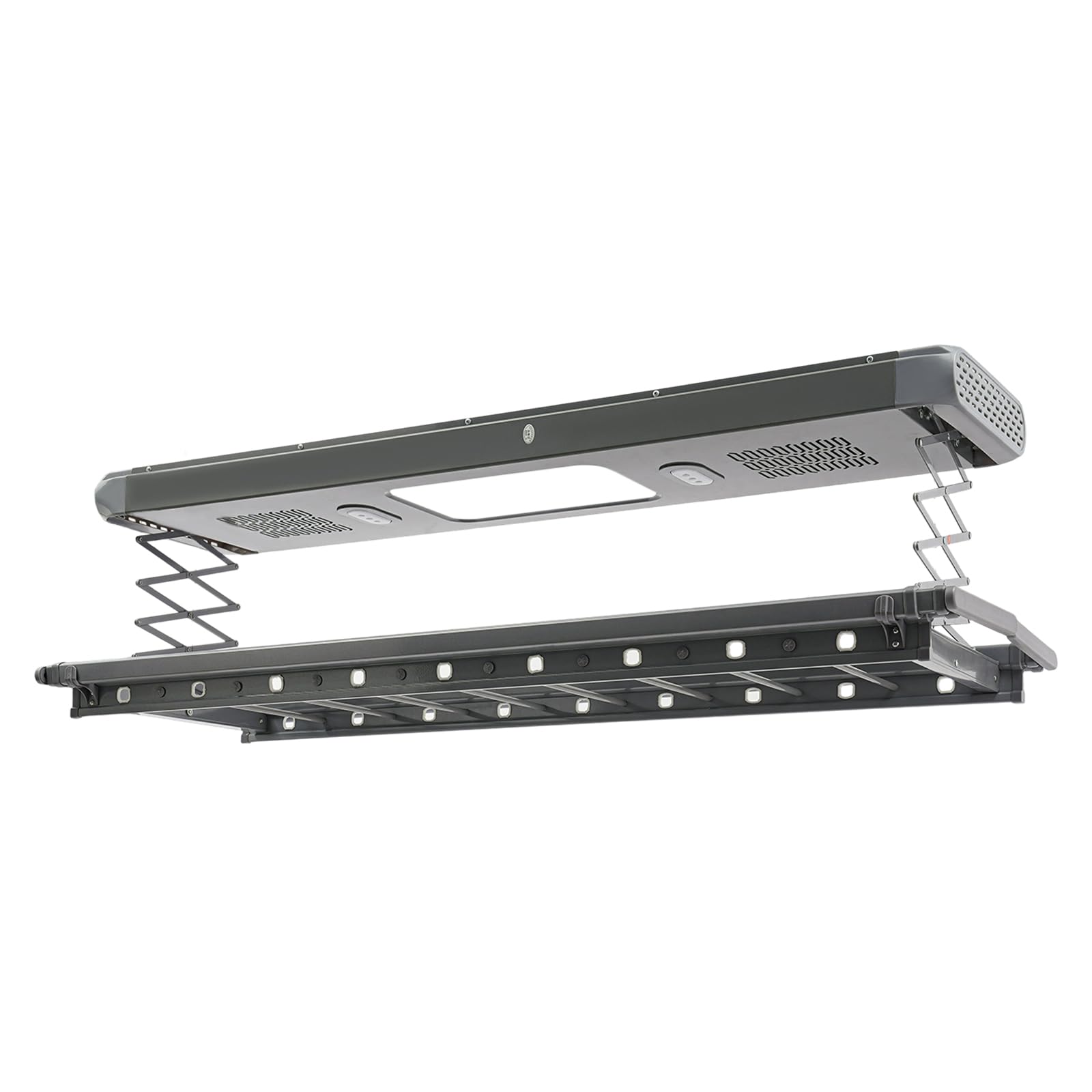 Elektrischer Wäscheständer Ausziehbar mit LED-Licht, Fernbedienung 30-50m, Teleskop-Länge 130-215cm, Absteigende Höhe 110cm, Trockenständer, Deckenwäschetrockner (Grau)