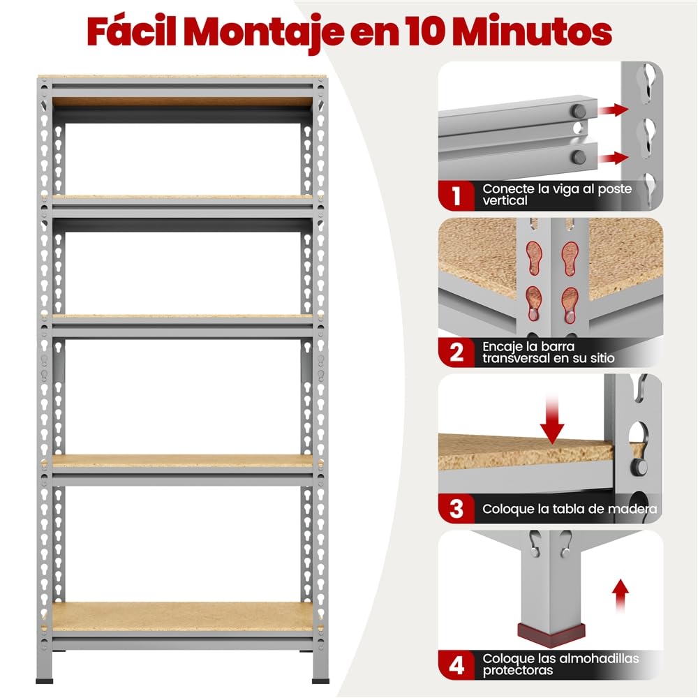 Yaheetech Estantería Metálica Galvanizada 150x70x30cm Estanterias Almacenaje de 5 Niveles Estante Industrial de Almacenamiento para Trastero Garaje Taller Carga de 750 kg sin Tornillos Gris Claro