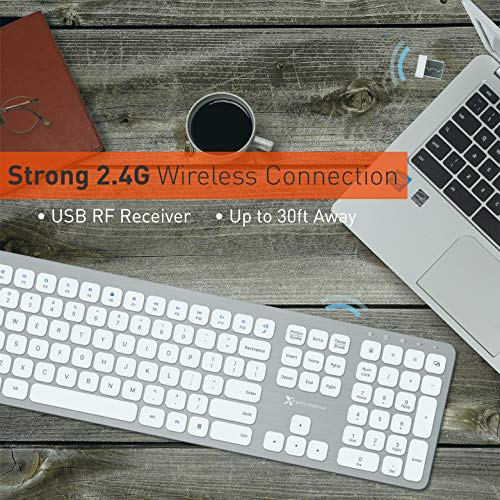 X9 Performance Slim 2.4G USB Wireless Keyboard for Laptop or Computer - Designed for Windows - 110 Key Layout with Numeric Keypad and 17 Shortcut Keys - Rechargeable PC Keyboard Wireless - Aluminum