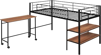 Harper & Bright Designs Low Loft Bed Twin Loft Bed Metal Frame with Bookcase and Rolling Portable Desk for Kids and Teen, Boys, Girls, Black