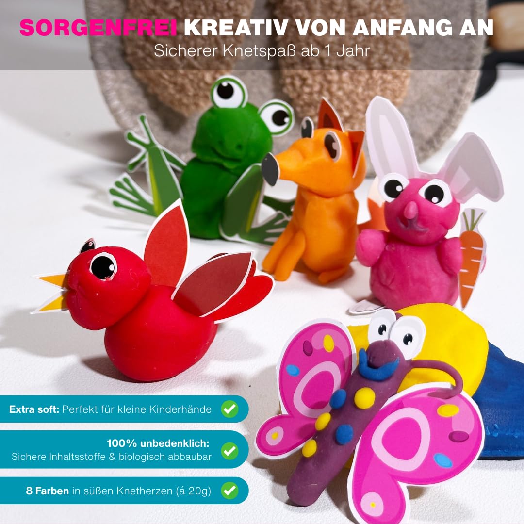 KNETÄ Knete ab 1 Jahr I Party Set I 8x 100g vegane Kinderknete inkl. 2x Bastelkarte Tiermotive I Playdough I Kindergeburtstag