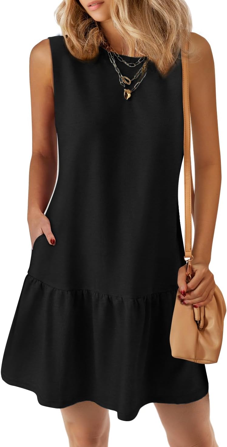 PRETTYGARDEN Casual Short Summer Dresses for Women 2025 Sleeveless Crewneck Cute Ruffle Loose Vacation Mini Tshirt Dress