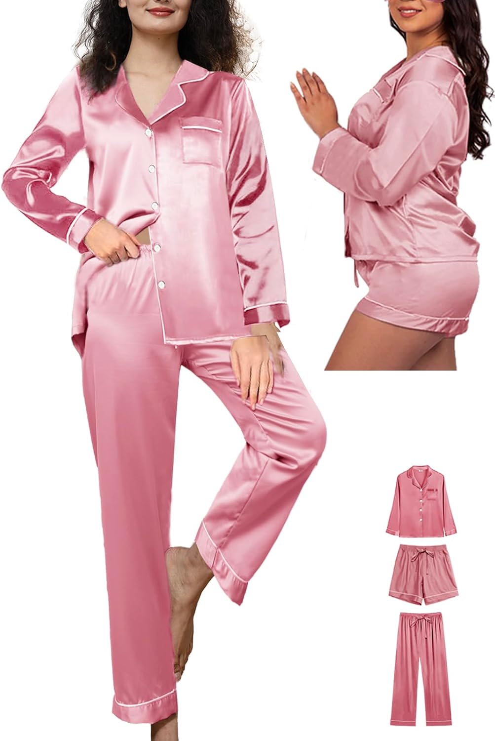 4Pcs Silk Satin Pajamas Sets for Women XS-XXL Silky Pajama Set Womens Pj Set Loungewear Long Pjs Soft Sleepwear - Image 4