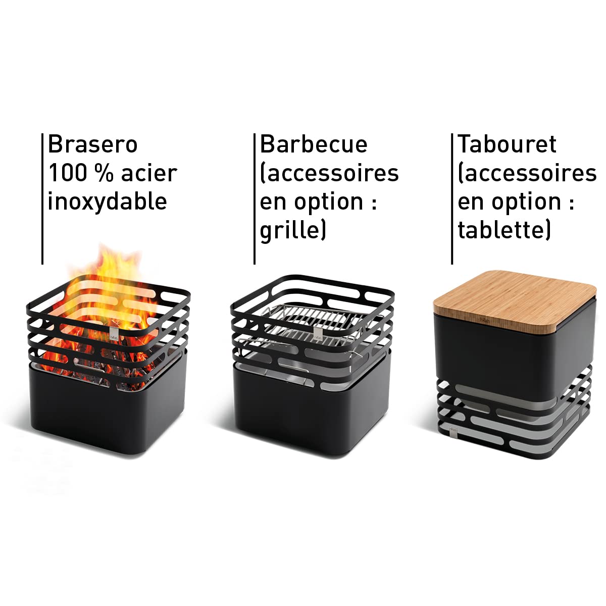 höfats - Cube brasero - comme Foyer, Gril, Tabouret et Table - pour Jardin et terrasse - Acier Inoxydable - Noir