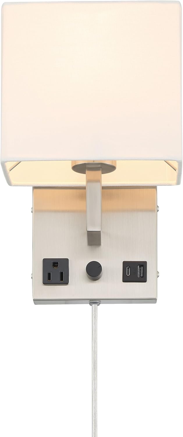 HomeFocus Wall Light,Wall Lamp,Wall Sconces,Dimmable Wall Light with Outlet and Dual USB Charging Ports,Bedside Wall Light,Wall Lamp for Bedroom,Living Room,Metal,Satin Nickel.