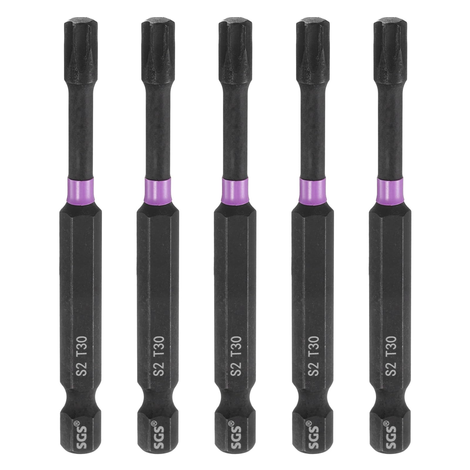sourcing map 5pcs T30 Torx Head Impact Screwdriver Bits 1/4" Hex Shank 3" (75mm) Long Magnetic No Hole Tamper Proof 6 Point Star Screw Driver Drill Bits Phosphate S2 Steel Power Tools
