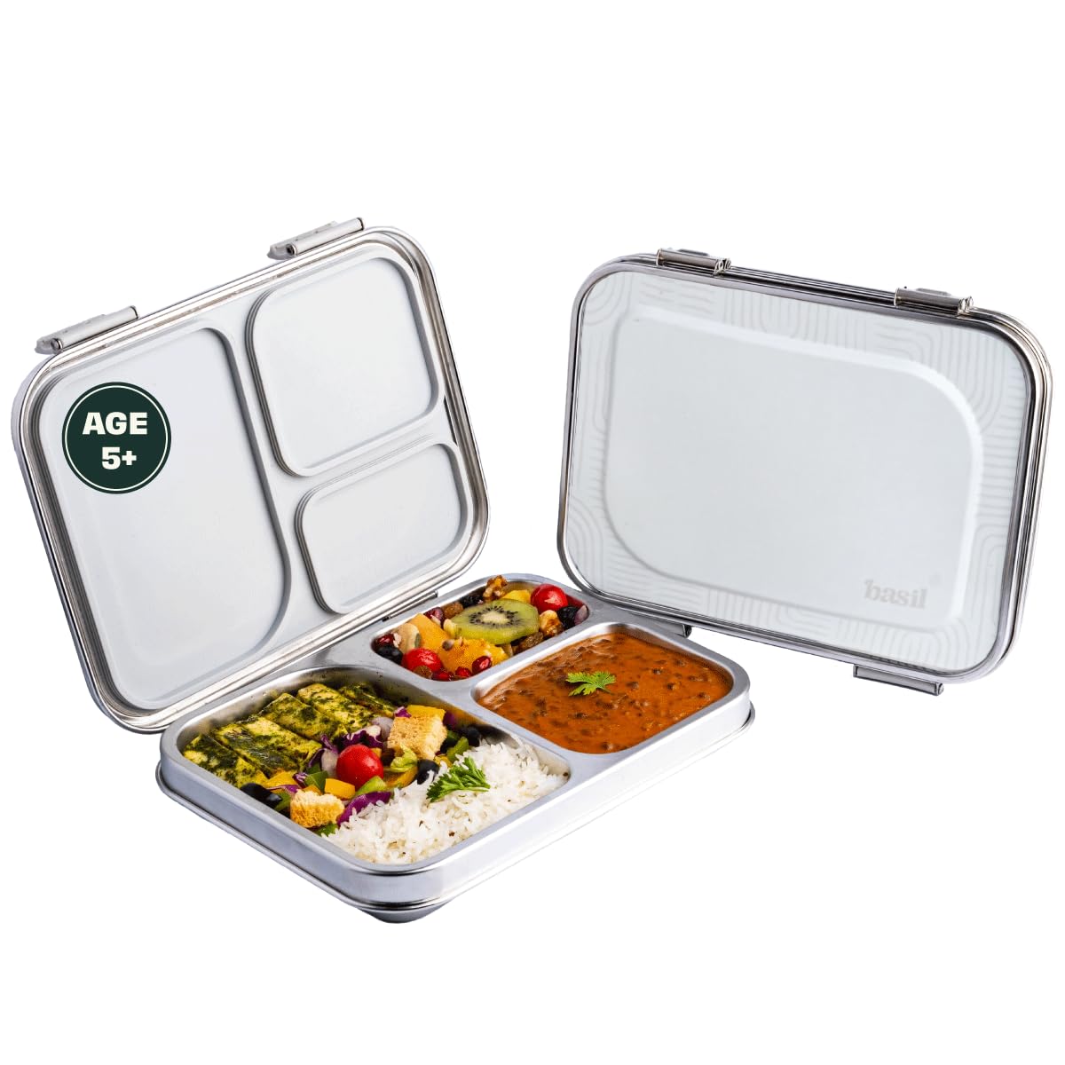 Basil Bento Lunch Box – 900ml | 3-Compartment Stainless Steel Tiffin | Leak-Proof Lunch Box for Kids, Teenagers & Adults (Grey)
