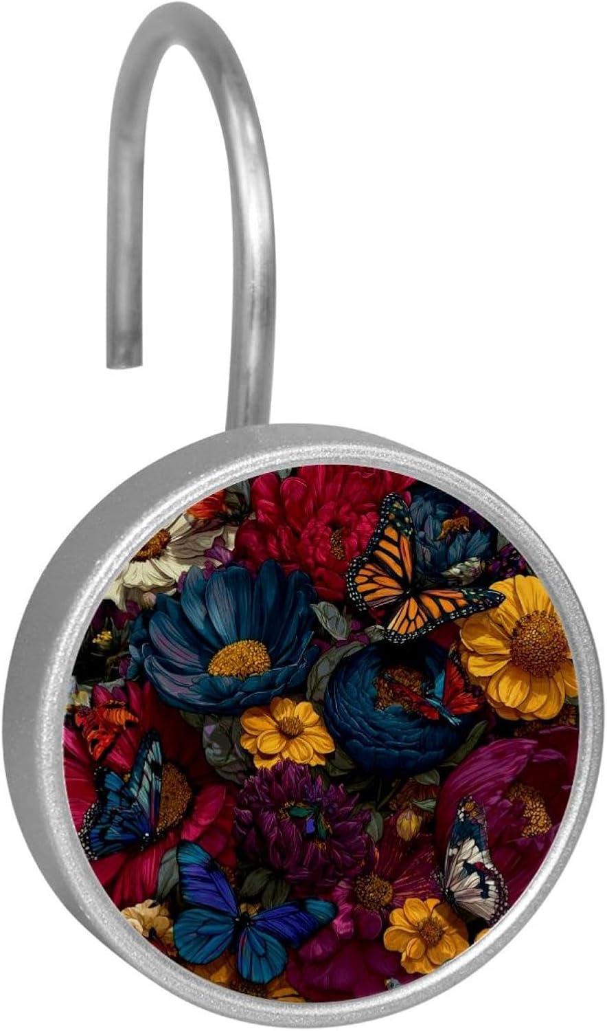 Colorful Flowers and Butterflies (1) Round Crystal Glass Decorative Shower Curtain Hooks with 3D Pattern Visual, Rust Proof Shower Curtain Rings-12 Pack