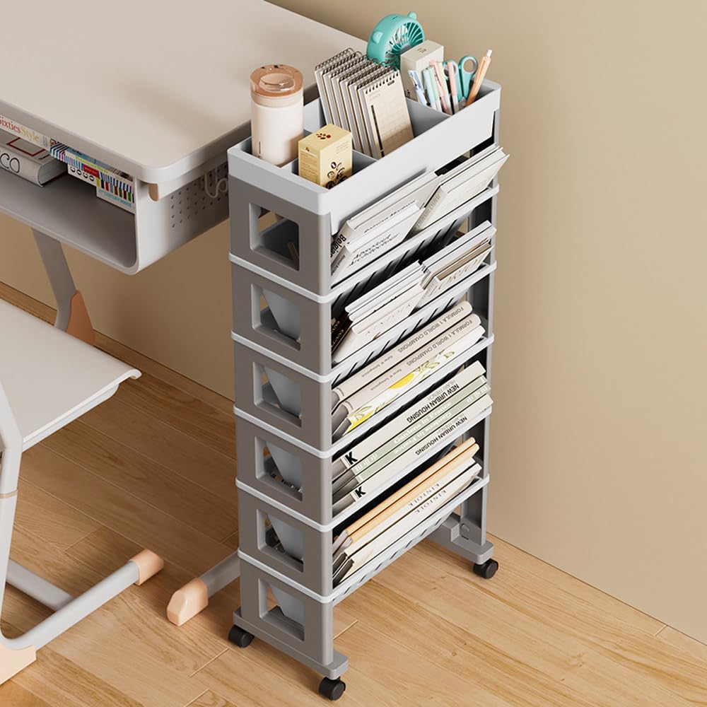 NUODWELL Bibliothèque mobile avec roulettes, organisateur de rangement amovible en plastique pour enfants, grande capacité, chariot bureau, dortoir, salle de classe