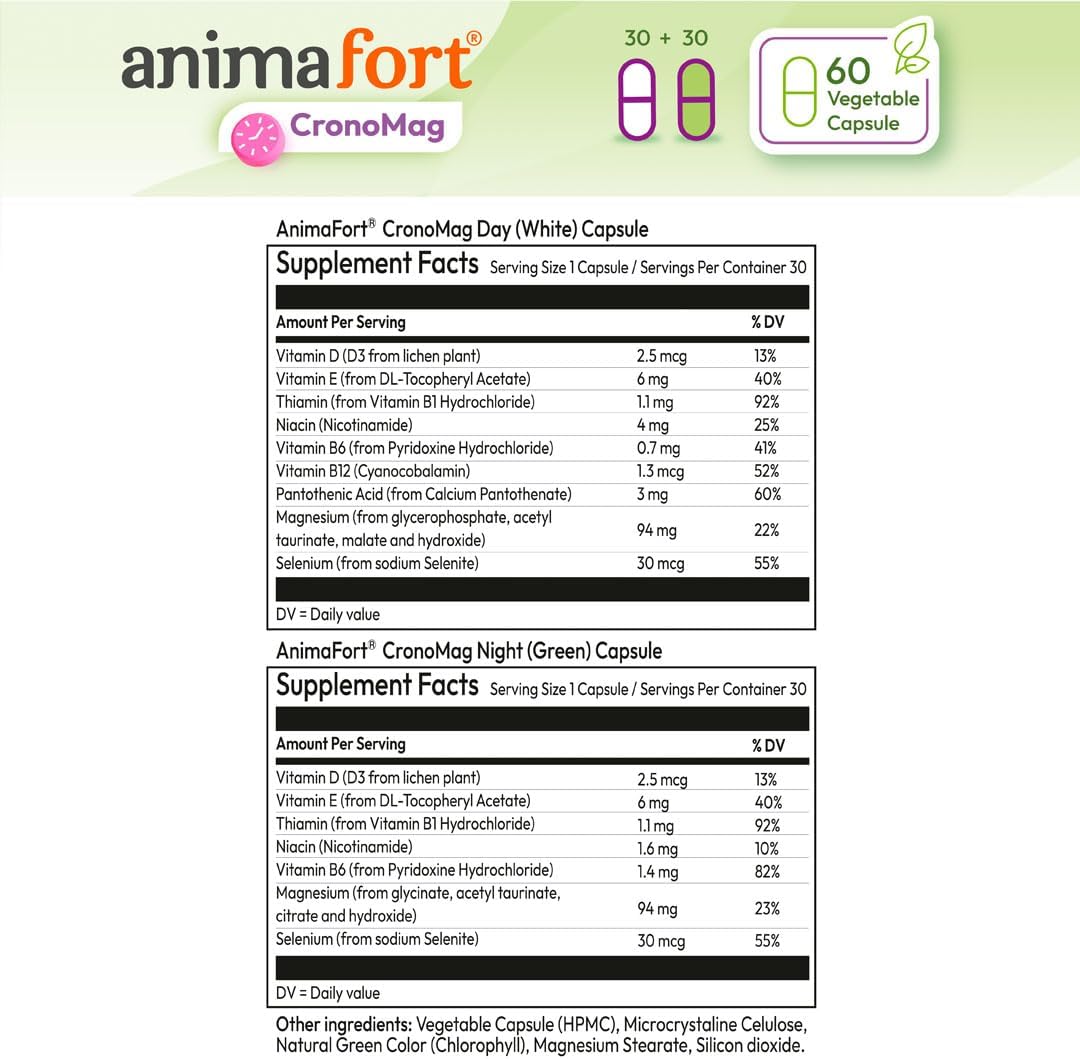 NIAM Laboratorios Magnesium Complex | Glycinate, Citrate, Malate | 6 High-Absorption Salts | with Vitamins B12 & D | 60 Capsules | Animafort CronoMag