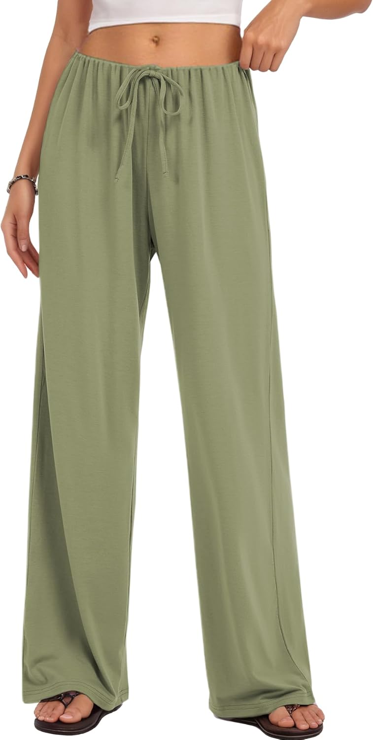 Women Pleated Elastic Waisted Pajama and Casual Pants Soft Loose Low Waist Flowy Wide Leg Fake Drawstring Trousers - Image 2