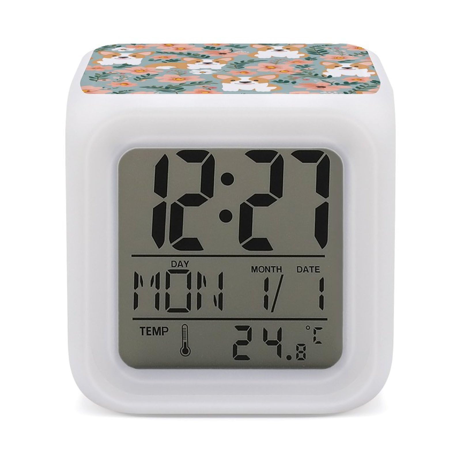 FekiLoot Corgi Floral Flowers Spring Garden Alarm Clock 7 LED Color Changing Wake Up Clock Digital Alarm Clocks with Snooze Digital Bedside Clocks with Night Light for Home Office Or Dorm