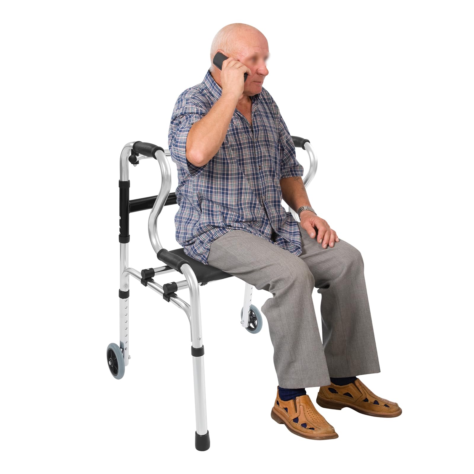 Chodzik dla seniorów, 2 kółka, regulowana wysokość 75-90 cm, składany chodzik, stabilny chodzik z antypoślizgowymi nóżkami dla mężczyzn, kobiet, seniorów, obciążenie 100 kg, srebrny