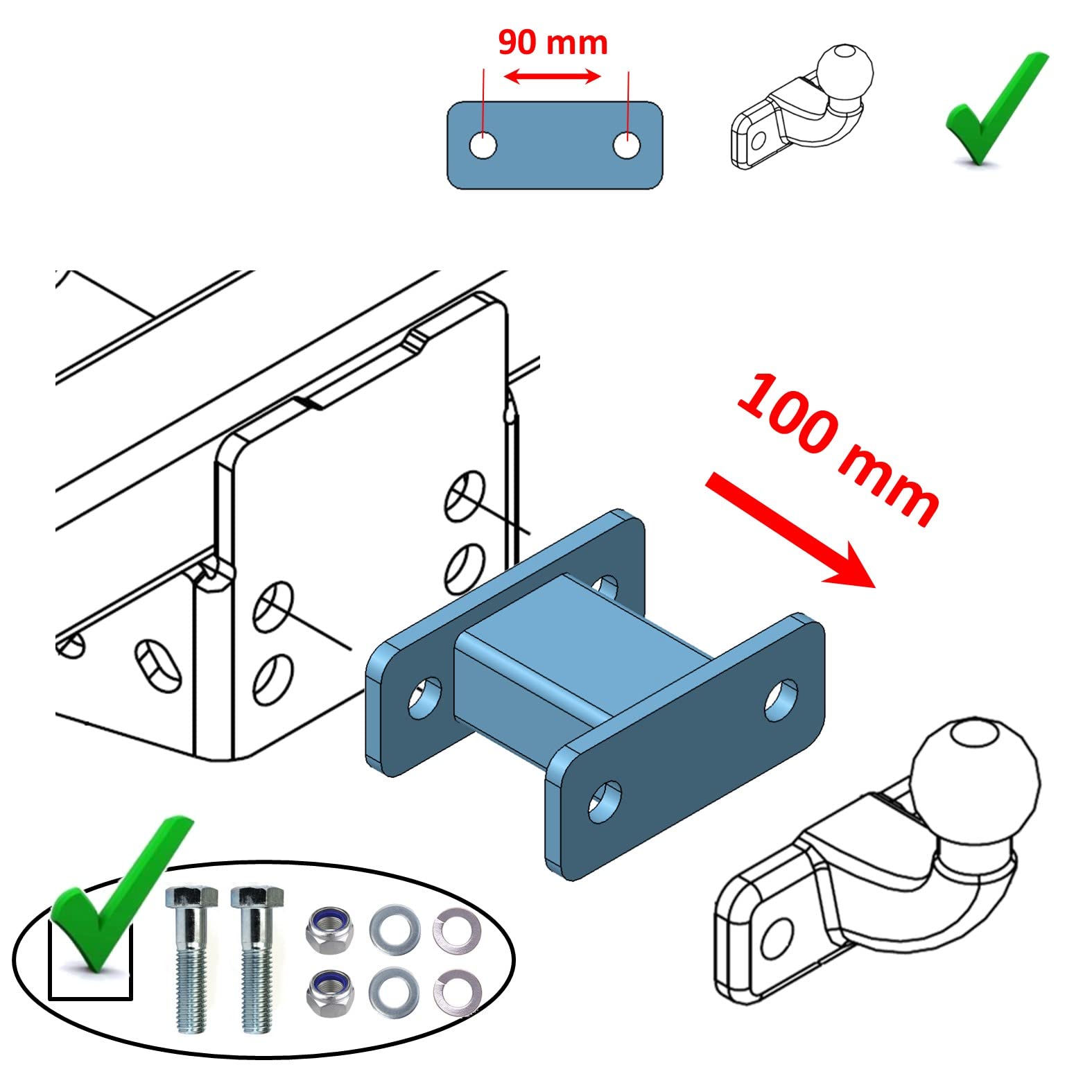 Prolunga per gancio a testa sferica AHK per sfera a 2 fori con distanza tra i fori (100 mm)