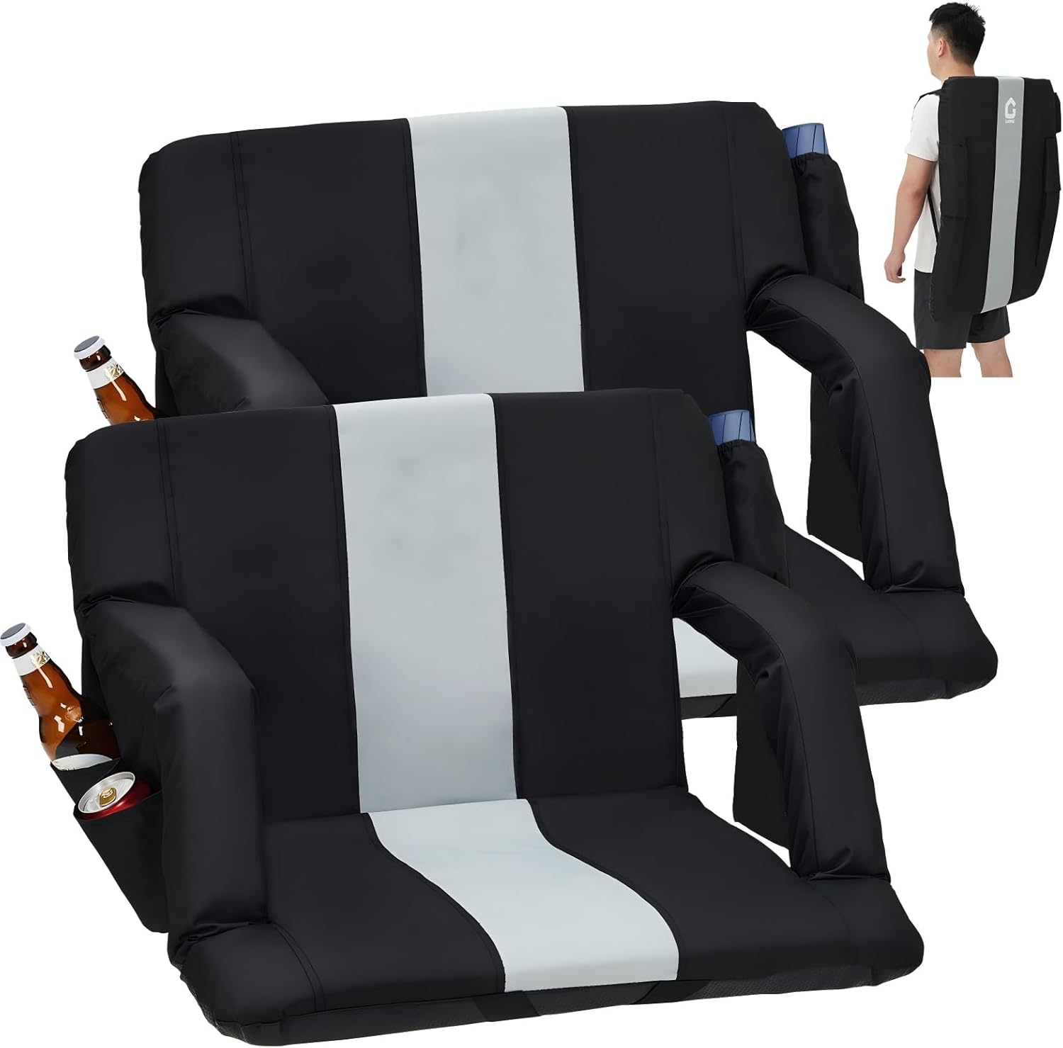 KYBOLT 2 Pack Wide Bleacher Seats with Back Support, 6-Position Reclining Stadium Chairs with Adjustable Armrests, Cup Holder & Pockets, Portable Folding Chairs for Sports, Concerts