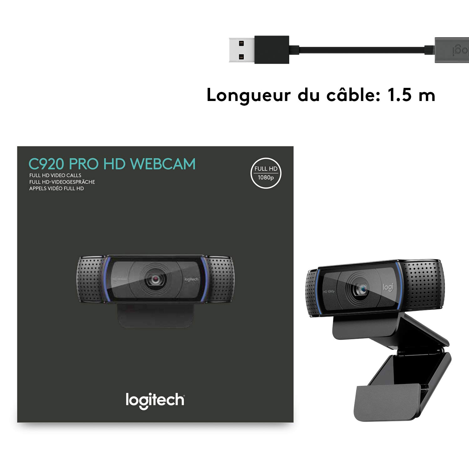 Logitech Webcam C920 HD Pro, Appels et Enregistrements Vidéo Full HD 1080p, Gaming Stream, Deux Microphones, Petite, Agile, Réglable, PC/Mac/Portable/Tablette/Chromebook - Noir