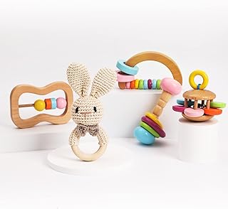 Natural Wooden Toy Classic Wood Rattle Bell Toys in 5pc Gift Box - Perfect Toddlers Boys and Girls Gift
