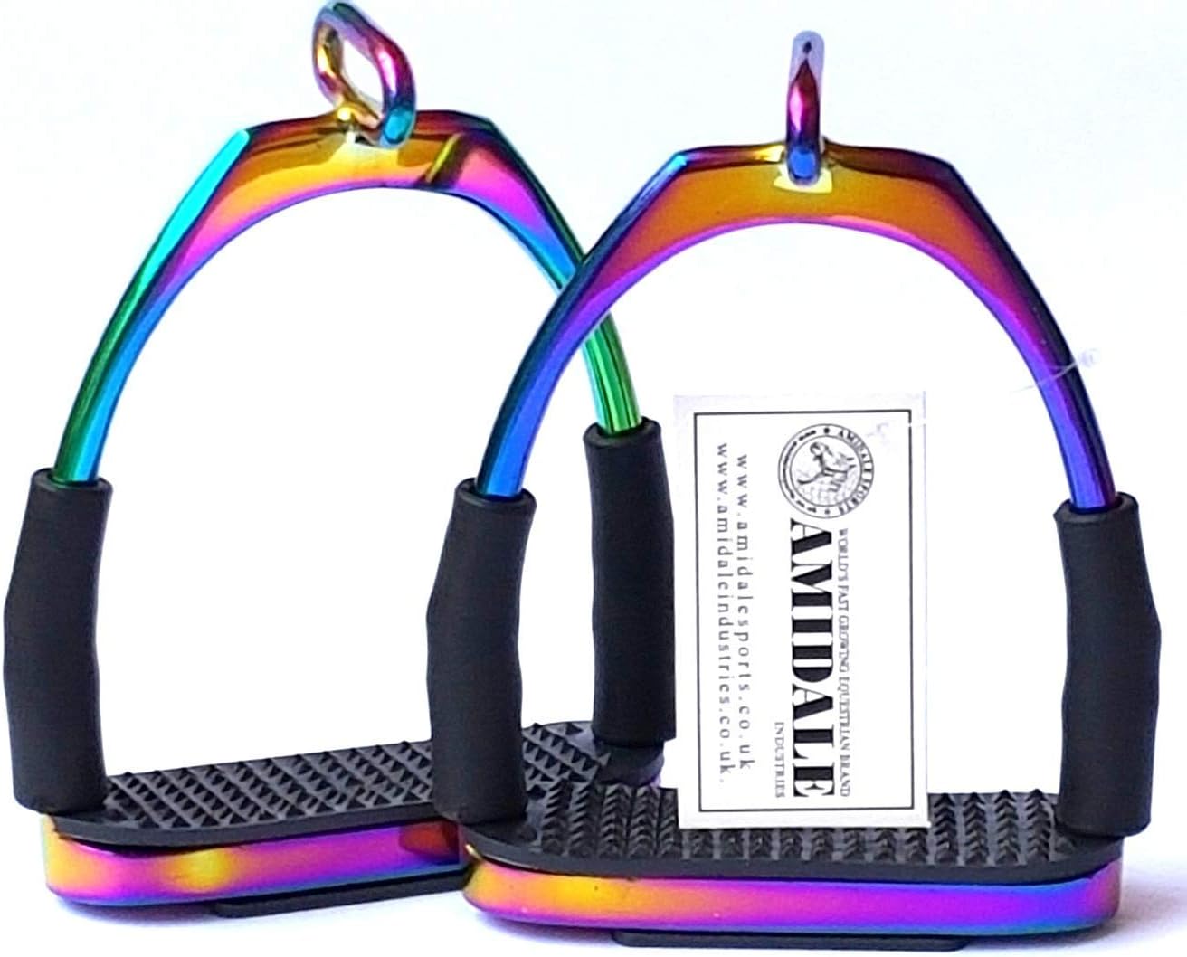 AMIDALE RAINBOW OFFSET EYE FLEXI SAFETY STIRRUPS OPTIMUM LEG POSITION HORSE RIDING IRONS STAINLESS STEEL 4.75" BNWT