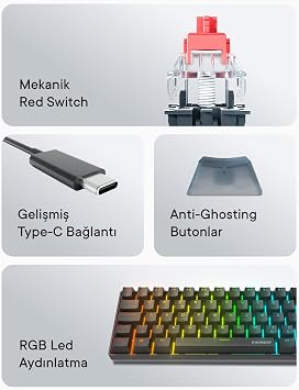 Everest Amber Type-C Bağlantılı RGB Ledli Mekanik Gaming Oyuncu Klavye Q Red Switch