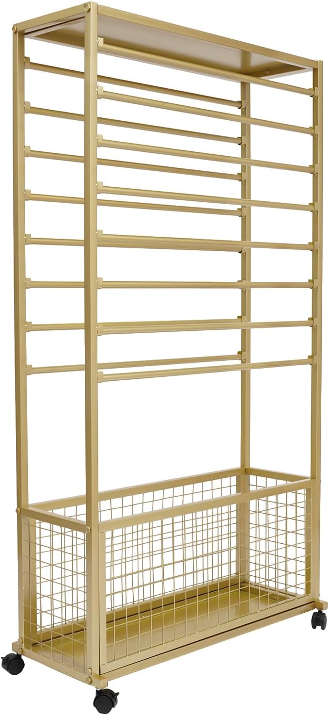 16 Tier Ribbon Holder Organizer Rack, Metal Ribbon Holder Rack with 4 Wheels and Basket, 59.06 Inch Double-Sided Ribbon Storage Holder for Wrapping Paper, Ribbons, Scarves (Gold)
