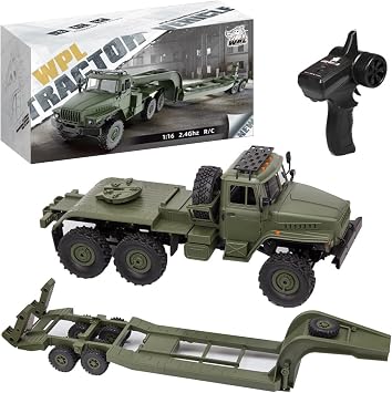 B36-3 RC Military Transport Truck with Trailer, 1/16 Scale RC Flatbed Trailer 6-Wheel Drive Off-Road RC Truck with LED Headlights, Engineering Vehicle for Adults