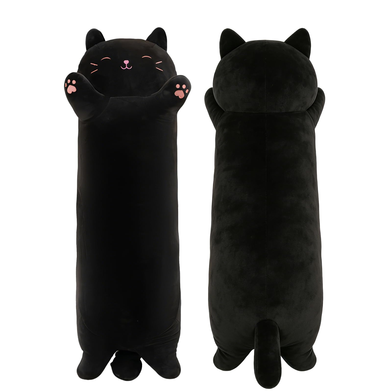 STHomedeco Cat Teddy Plush Pillow, Cute & Soft Stuffed Animal Cat, Squishy Cuddle Cushion for Kids, Plushies for Girls, Ideal Cat Gifts for Women (Black&Pink, 110cm / 43inch)