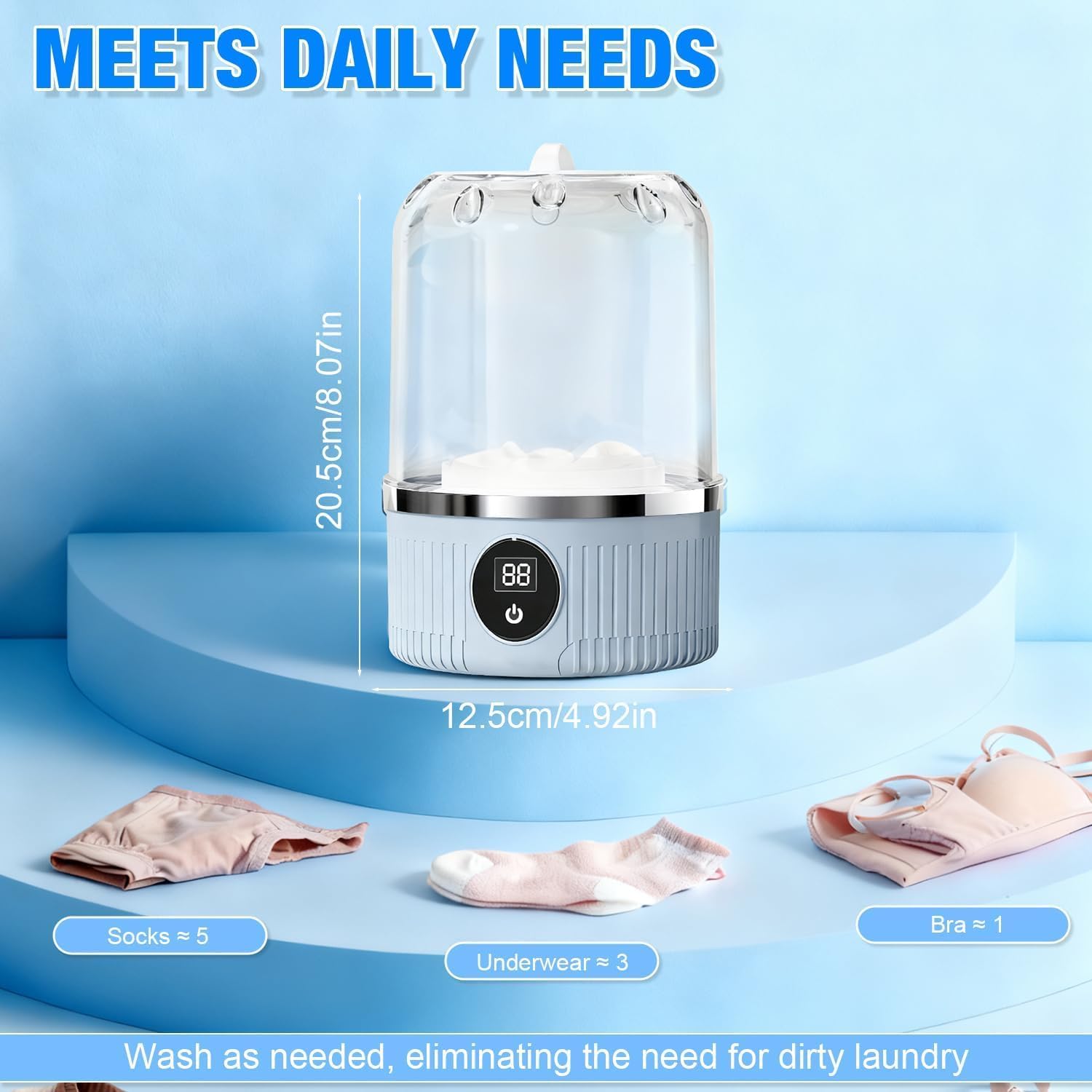 15W Cordless Mini Washing Machine, Rechargeable 3000mAh Portable Laundry Cup with 2 Wash Modes, USB Type-C Powered Small Washer for Underwear, Socks, Baby Clothes, Travel & Dorm Use, Blue