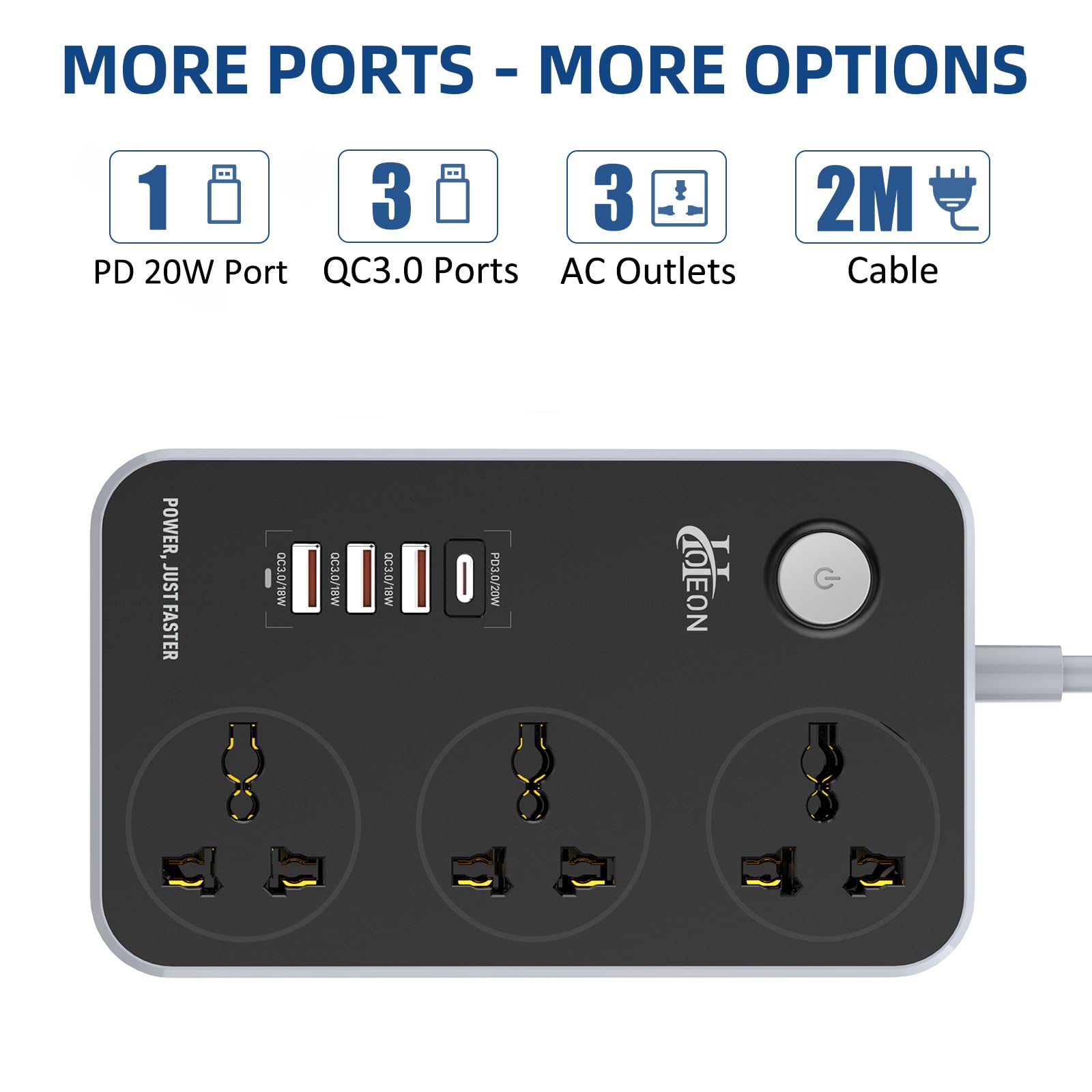 Hoteon Extension Board, Power Strip with 20W Fast PD/Type C, 2500W 10A Extension Cord with 3 Universal Socket, 38W USB Fast Charging Ports, 3-Pin Surge Protection for Home Office 250 Volts Black image_1