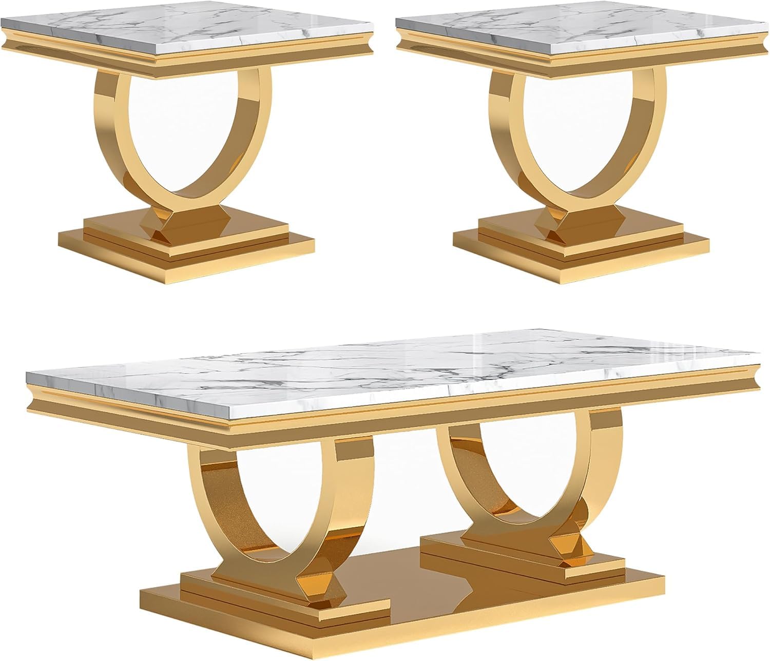 Modern Marble Coffee Table Set of 3, Luxury Marble Living Room Table Set Includes 1 Coffee Table, 2 End Table for Living Room, White Faux Marble Top