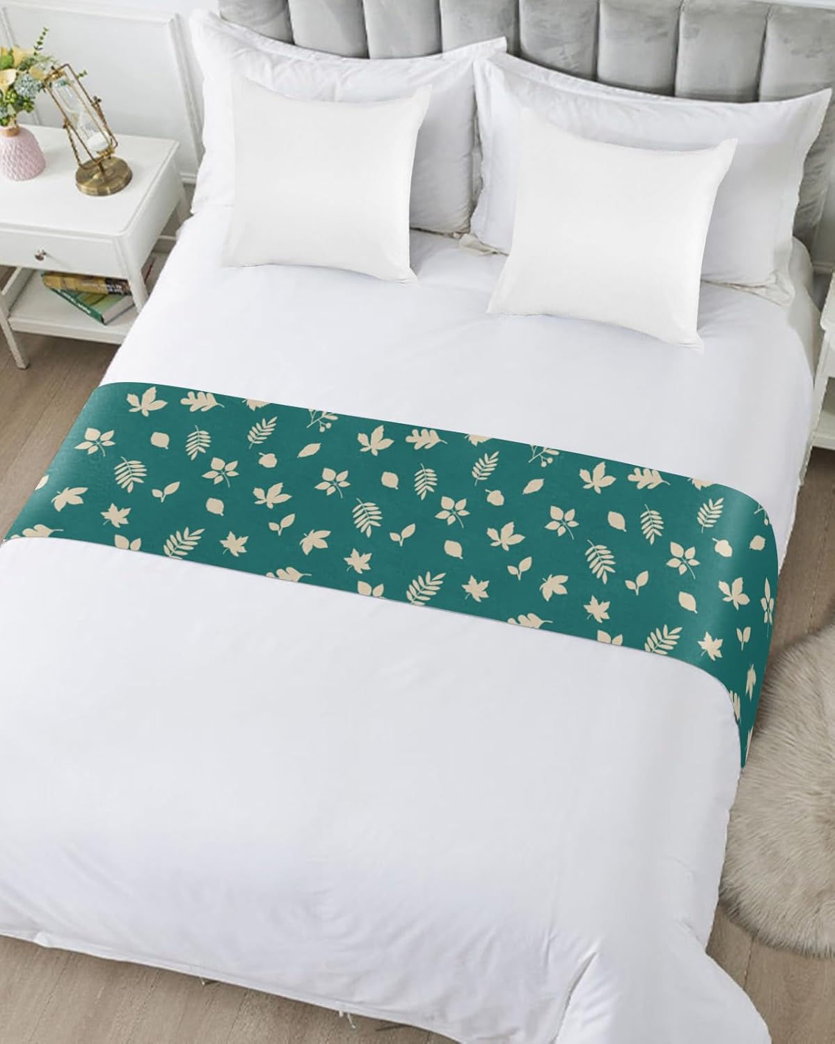 Bed Runner Scarf, Thanksgiving Leaves Green King Bed Bedding Scarves Cover Decorative Bed Scarf for Home Hotel Guesthouse Bedroom Wedding Room Guestrooms 94"x20"