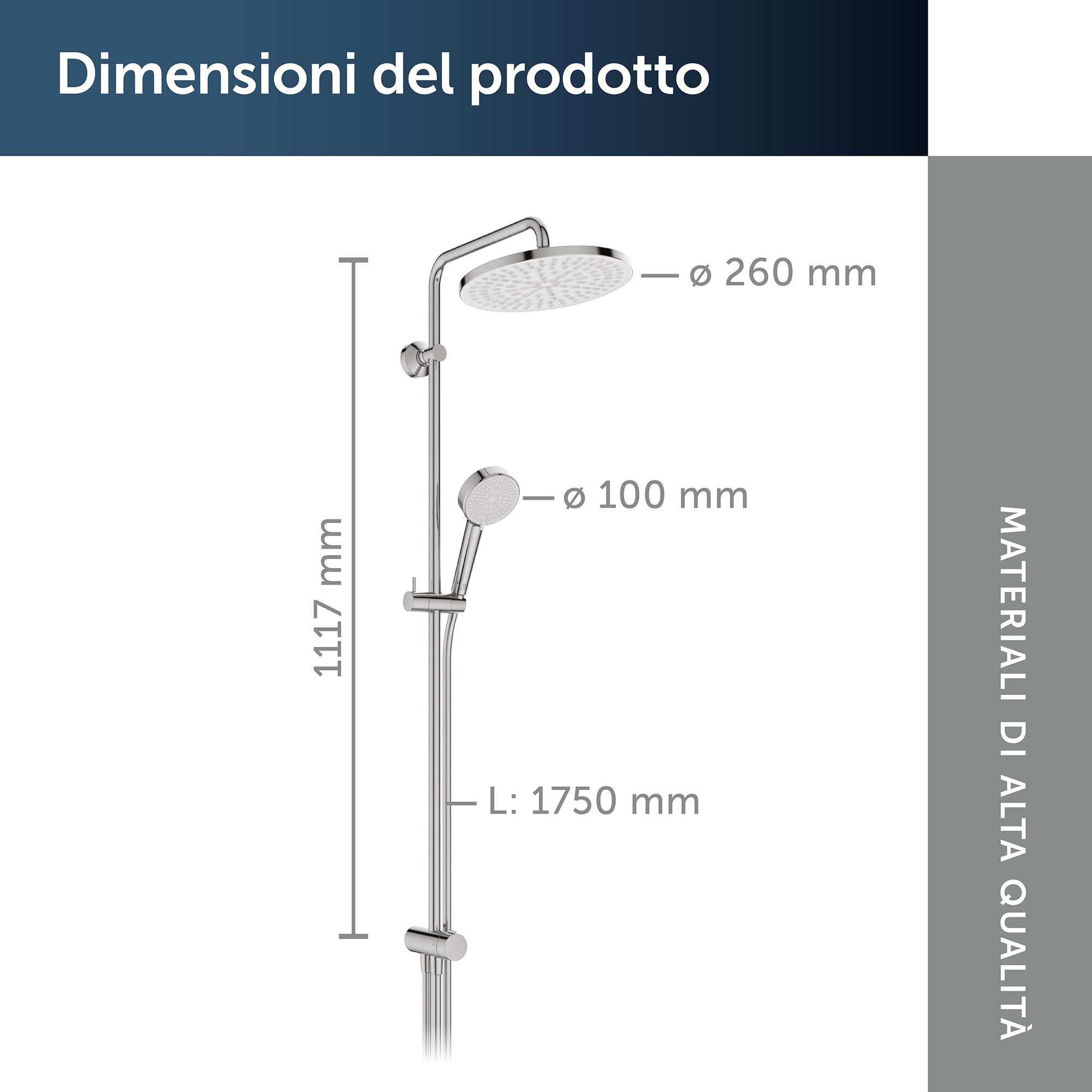 Ideal Standard Alero colonna doccia, kit doccia a risparmio idrico con due tipi di getto (SilkRain e Rain), montaggio flessibile grazie al braccio girevole – Cromo (260 x 513 x 1117 mm)