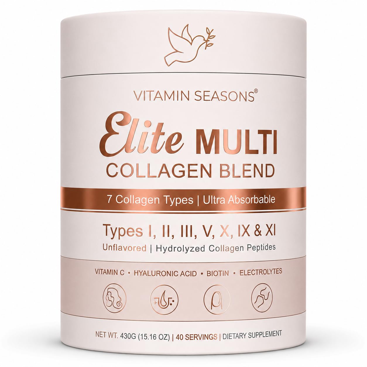 Elite Multi Collagen Blend Powder, 7 Types, Hydrolyzed Peptides with Electrolytes | Vitamin C | Biotin and Hyaluronic Acid | Unflavored | Gluten-Free, Keto | 430g