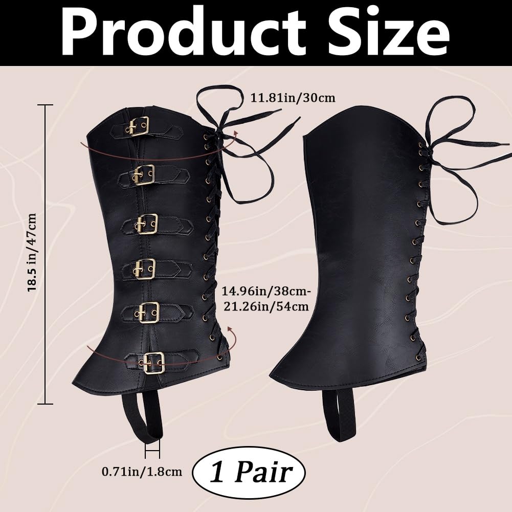 GORGECRAFT 2Pcs Knight Leg Guards Gaiters Steampunk Medieval Boot Covers Imitation Leather Pirate Boot Tops with Buckle Straps Leg Wraps Shoes Accessories for Halloween Cosplay Viking Costume Black - Image 2