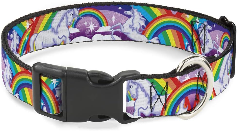 Buckle-Down Plastic Clip Collar - Unicorns in Rainbows w/Sparkles/Purple - 1.5" Wide - Fits 16-23" Neck - Medium