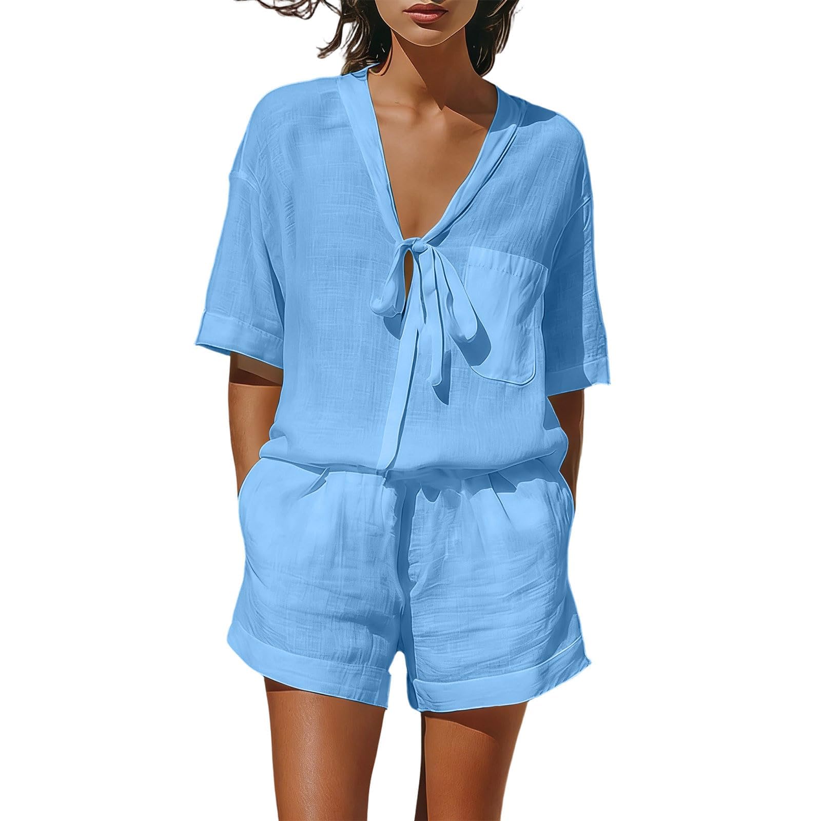 Conjunto de lino para mujer de 2 piezas con camiseta de lazo y pantalones cortos 6