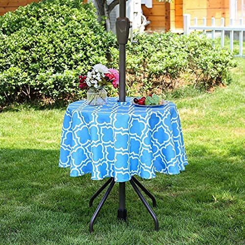 Eternal Beauty 152cm Round Blue Plaid Indoor Outdoor Splashproof Tablecloth with Umbrella Hole and Zipper for Patio Garden Party and BBQ60 Inch